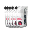 A pack of five 1kg pouches of Funkin Raspberry Puree, displayed with a clear raspberry design on the packaging.