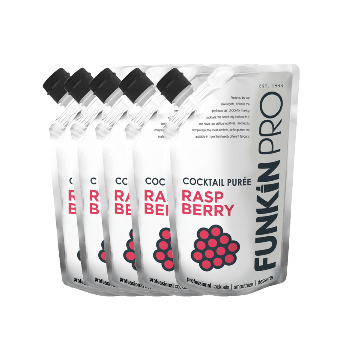 A pack of five 1kg pouches of Funkin Raspberry Puree, displayed with a clear raspberry design on the packaging.