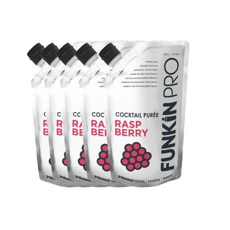 A pack of five 1kg pouches of Funkin Raspberry Puree, displayed with a clear raspberry design on the packaging.