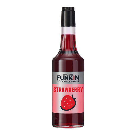 A bottle of Funkin Strawberry Syrup with a label showing a strawberry, indicating the flavor of the syrup.