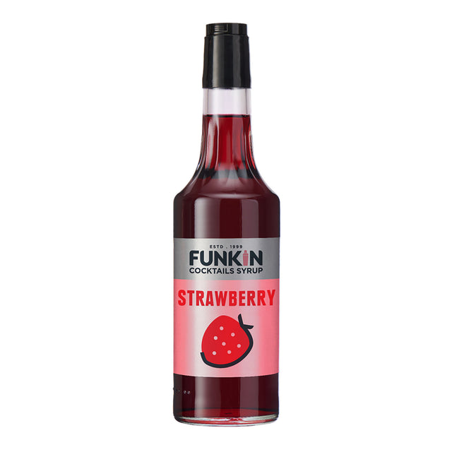 A bottle of Funkin Strawberry Syrup with a label showing a strawberry, indicating the flavor of the syrup.