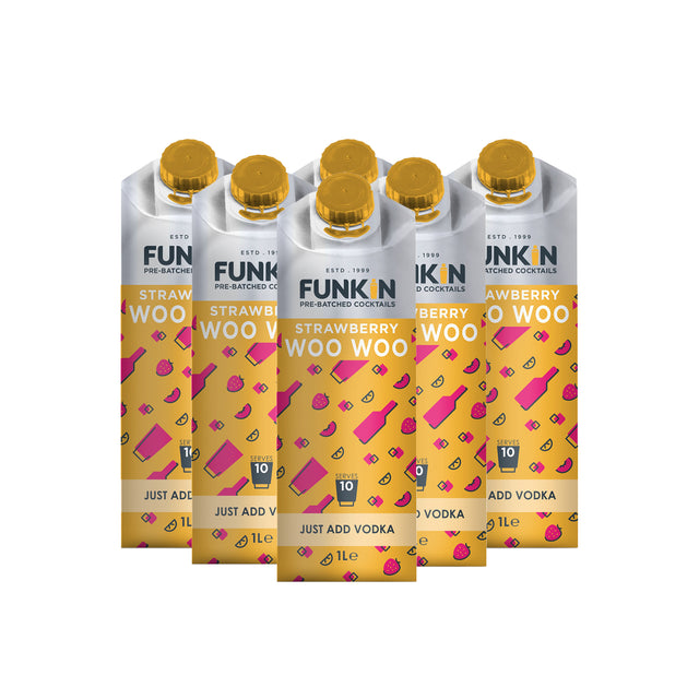 A six-pack of Funkin Strawberry Woo Woo cocktail mixers, each with a yellow and pink color scheme, indicating a strawberry flavored vodka-based cocktail mixer.