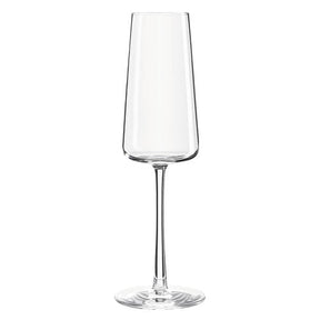 A single champagne flute with a clear, smooth glass design, featuring an extended upper rim and a sturdy base.