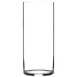 A tall, slender clear glass cylinder vase with a thick circular base, shown against a plain white background.