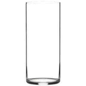 A tall, slender clear glass cylinder vase with a thick circular base, shown against a plain white background.