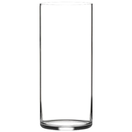 A tall, slender clear glass cylinder vase with a thick circular base, shown against a plain white background.