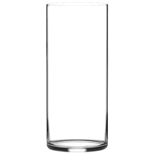 A tall, slender clear glass cylinder vase with a thick circular base, shown against a plain white background.