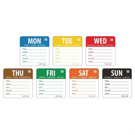 Set of seven color-coded labels for weekdays with text fields.