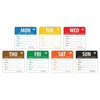 Set of seven color-coded labels for weekdays with text fields.