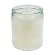 Clear glass candle jar with a white candle inside on a white background