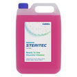 Pink container of Steritec virucidal cleaner with a blue cap on a white background