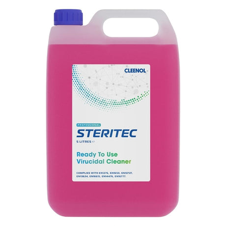 Pink container of Steritec virucidal cleaner with a blue cap on a white background