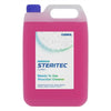 Pink container of Steritec virucidal cleaner with a blue cap on a white background