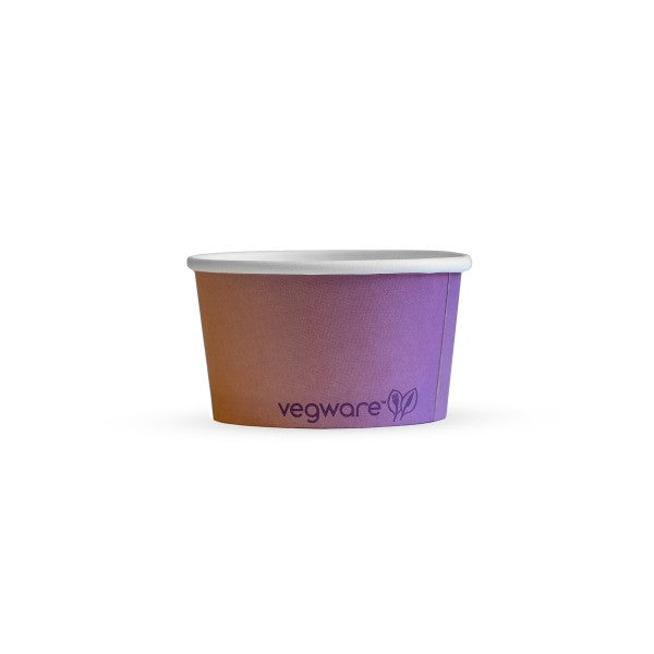 Purple paper cup with white rim on a white background, featuring the Vegware logo.