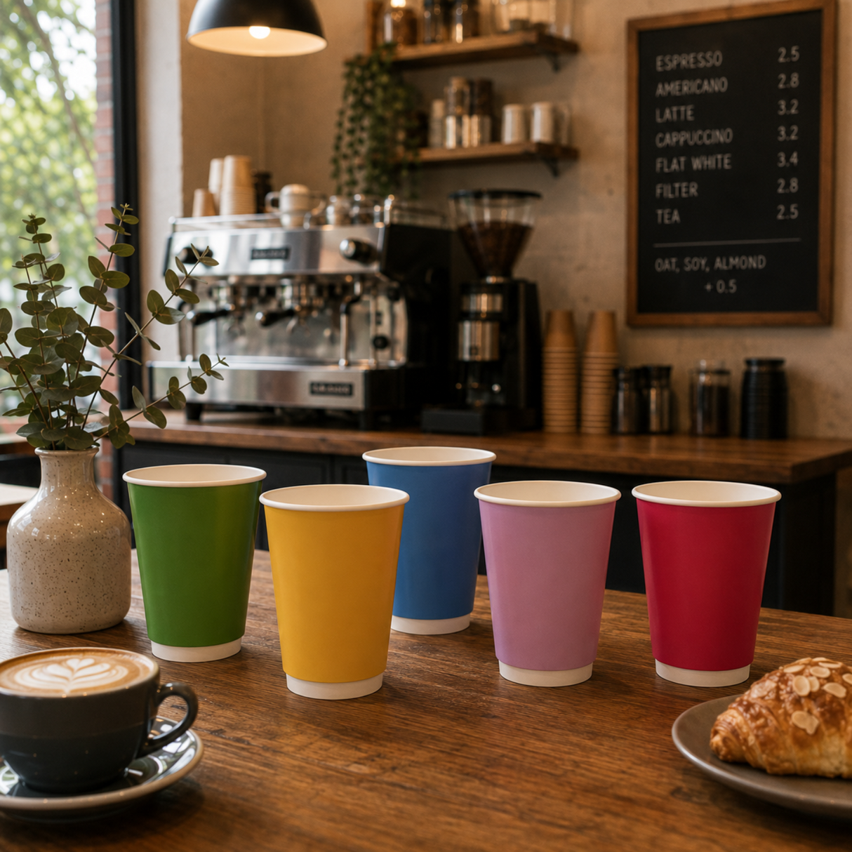 Five colorful reusable paper cups in green, yellow, blue, pink, and red are lined up on a wooden table in a cozy cafe setting, with a coffee cup, pastry, and espresso machine visible in the background.