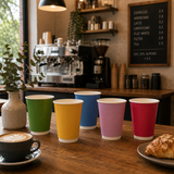 Five colorful reusable paper cups in green, yellow, blue, pink, and red are lined up on a wooden table in a cozy cafe setting, with a coffee cup, pastry, and espresso machine visible in the background.