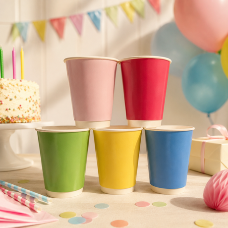 Six paper party cups in pink, red, green, yellow, and blue, stacked in a pyramid on a decorated birthday table with balloons, confetti, and a cake.