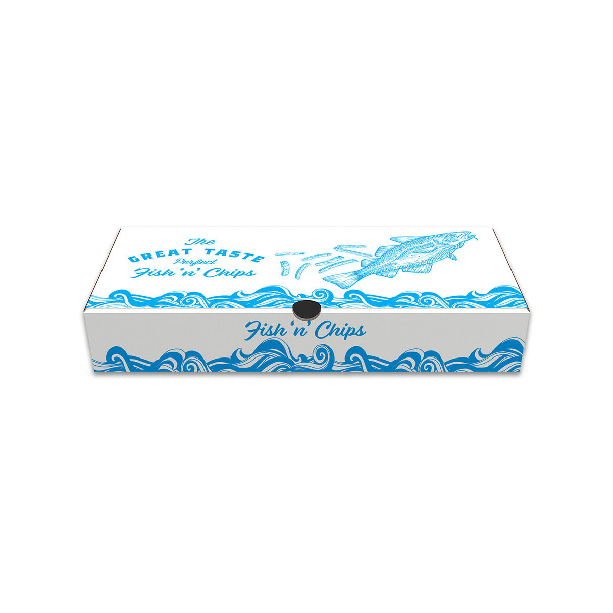 A recyclable large fish and chip box with a printed nautical design in blue and white.