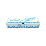 A recyclable large fish and chip box with a printed nautical design in blue and white.