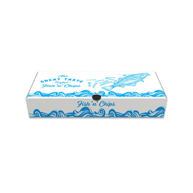 A recyclable large fish and chip box with a printed nautical design in blue and white.