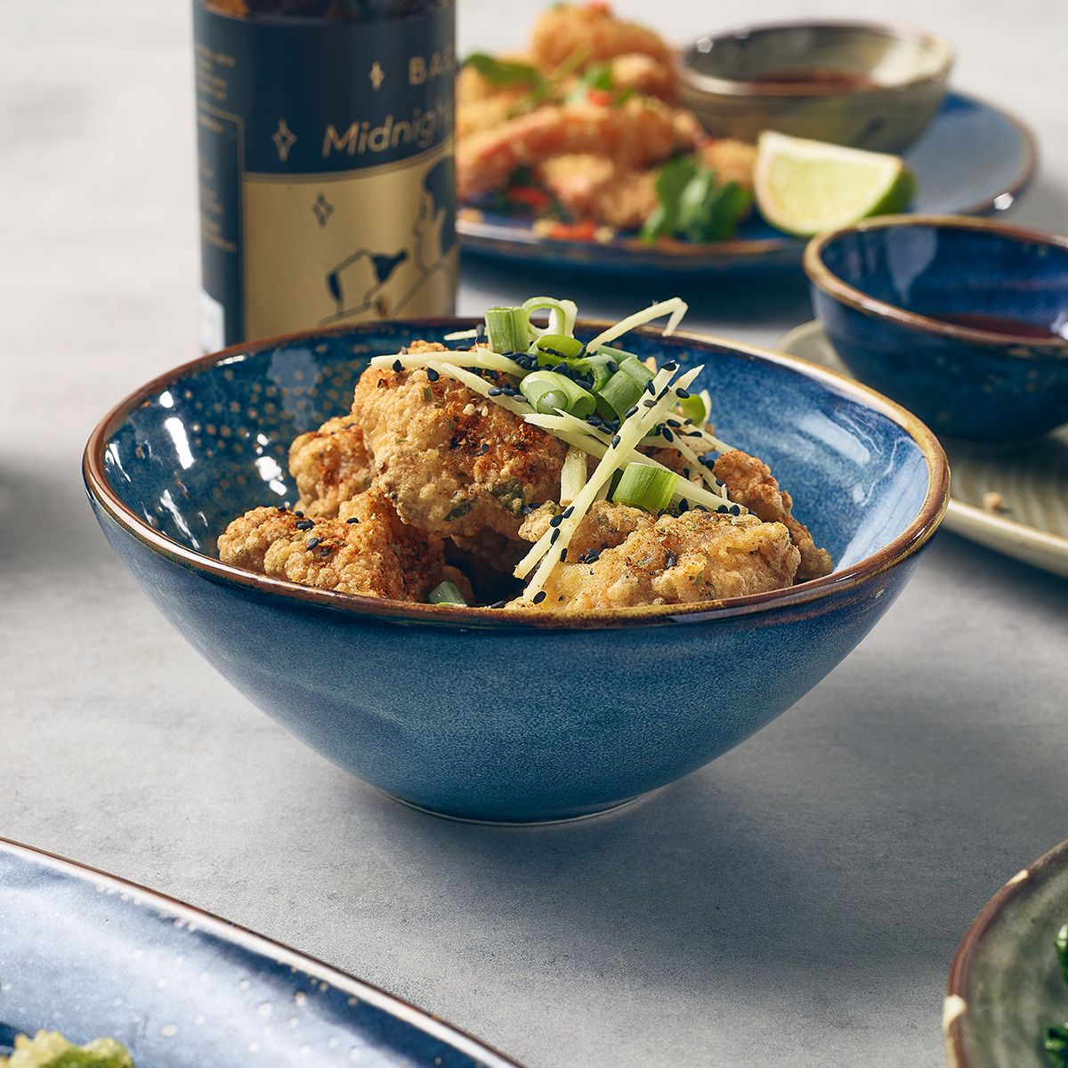 aqua blue terra porcelain bowl filled with chicken