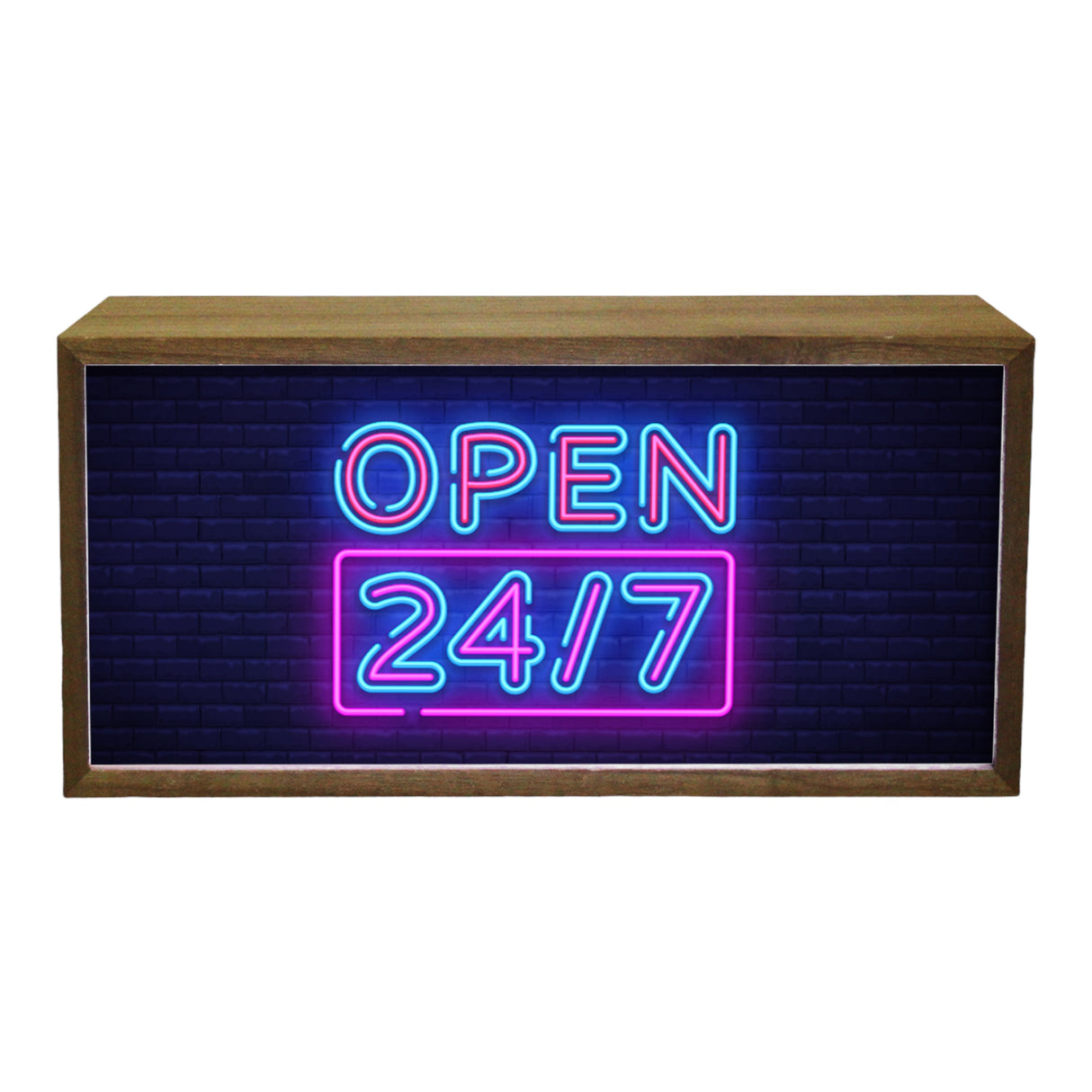 A rectangular LED sign with a wooden frame displaying the text 'OPEN 24/7' in bright neon blue and pink letters.