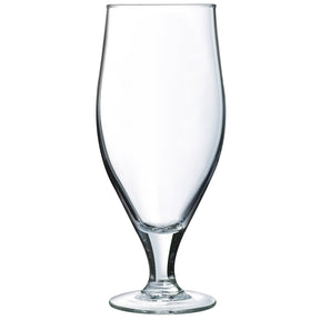 A clear glass beer pint with a stem design, suitable for serving beer.