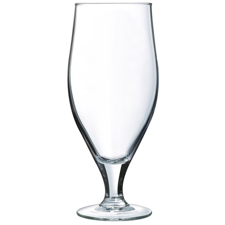 A clear glass beer pint with a stem design, suitable for serving beer.