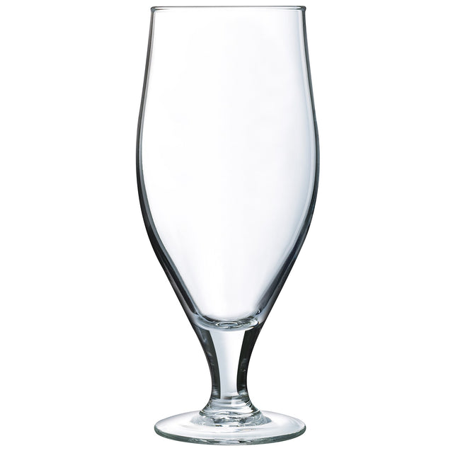 A clear glass beer pint with a stem design, suitable for serving beer.