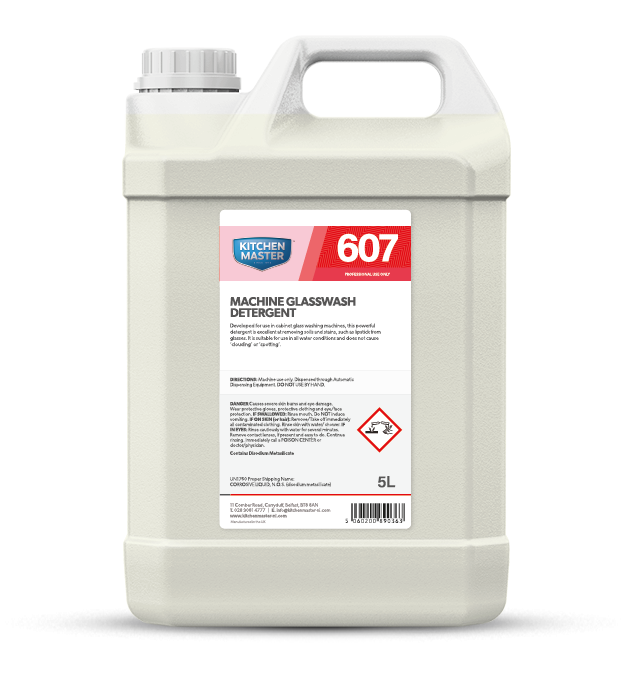 5L container of Kitchen Master 607 Machine Glasmachine detergent on a white background