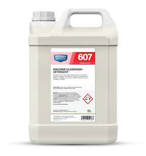 5L container of Kitchen Master 607 Machine Glasmachine detergent on a white background
