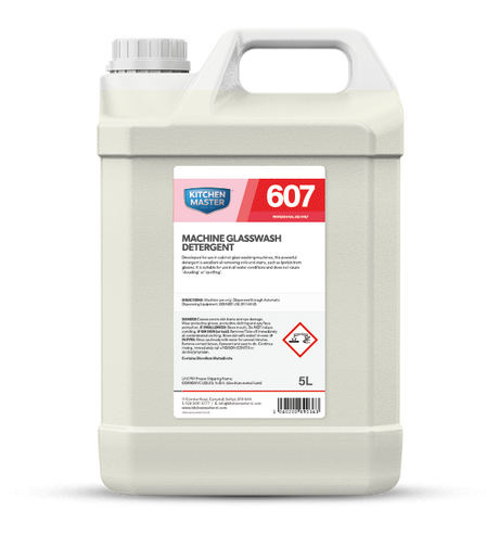 5L container of Kitchen Master 607 Machine Glasmachine detergent on a white background