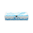 A recyclable fish and chip box with a nautical printed design featuring a fish illustration and wave patterns.