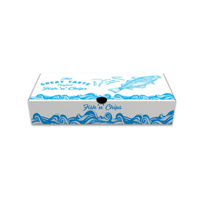A recyclable fish and chip box with a nautical printed design featuring a fish illustration and wave patterns.