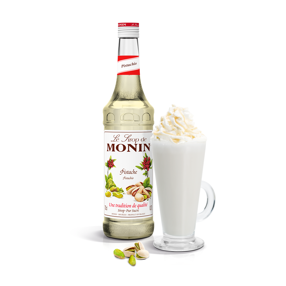 monin-pistachio-syrup bottle and drink