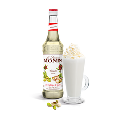 monin-pistachio-syrup bottle and drink