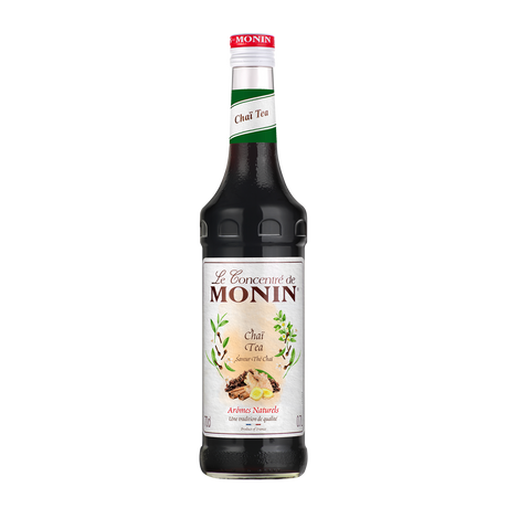 Monin Chai Tea syrup bottle on a white background