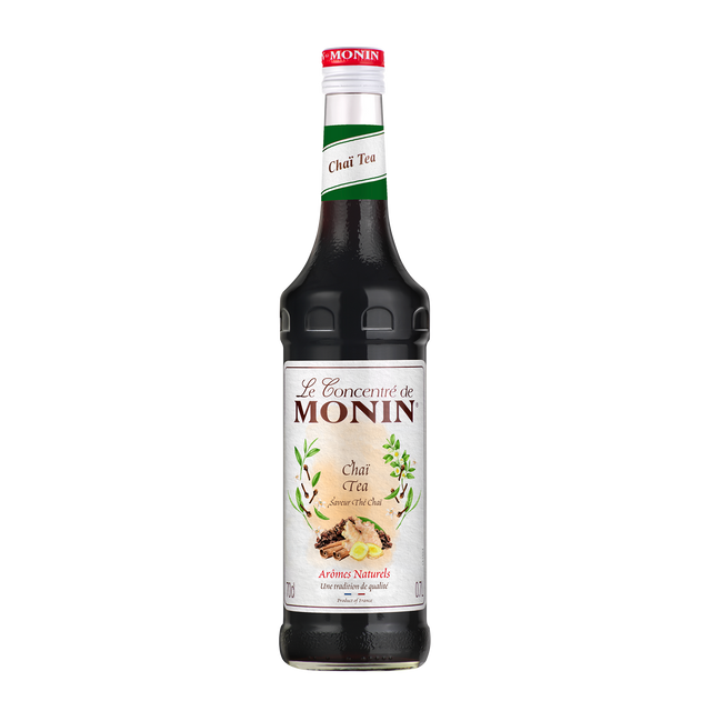 Monin Chai Tea syrup bottle on a white background