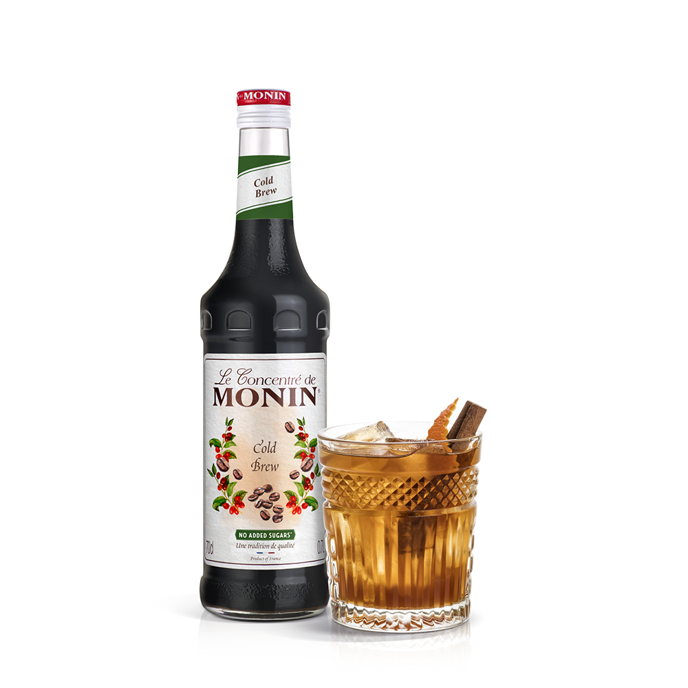 monin cold brew syrup bottle and drink