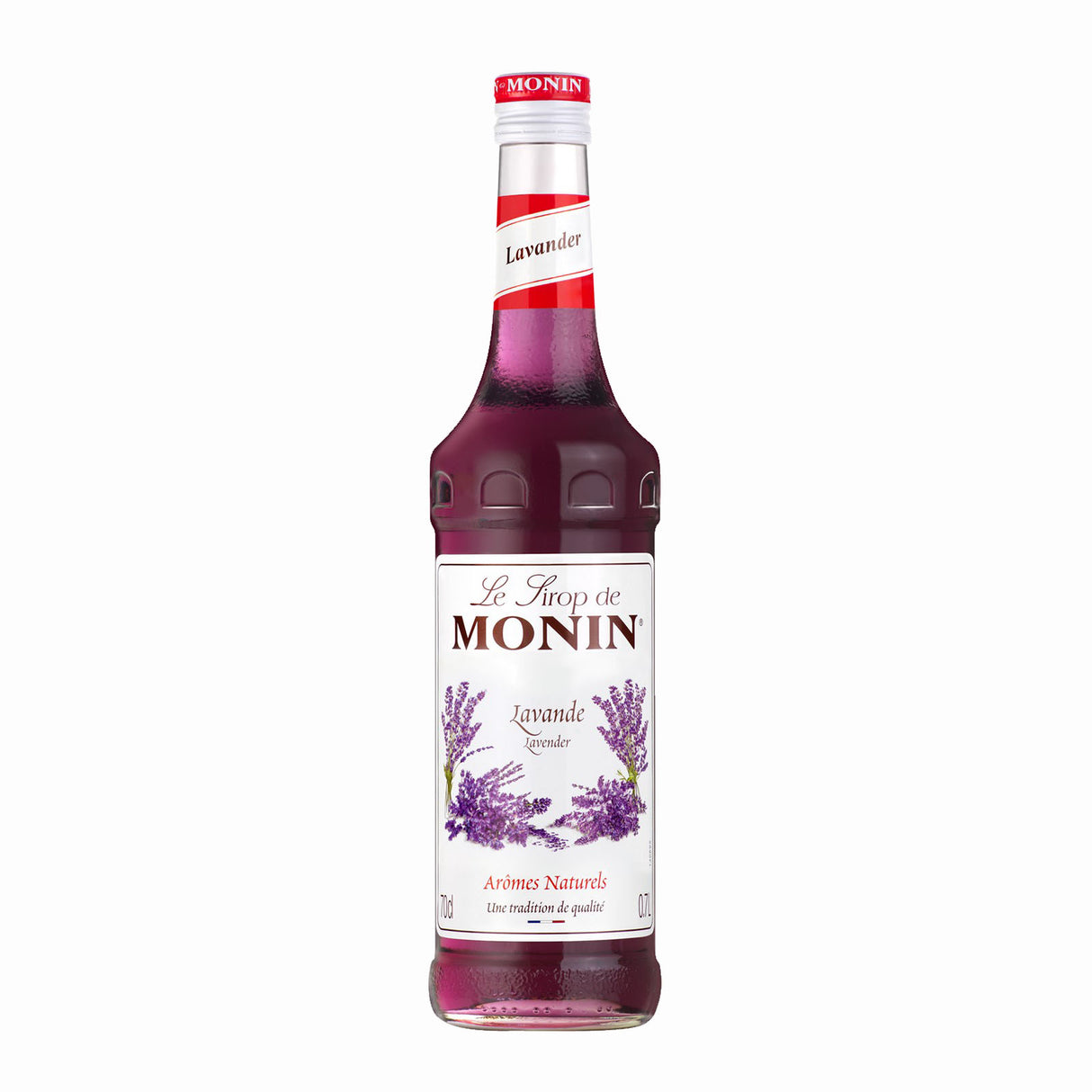 Monin lavender syrup bottle on a white background