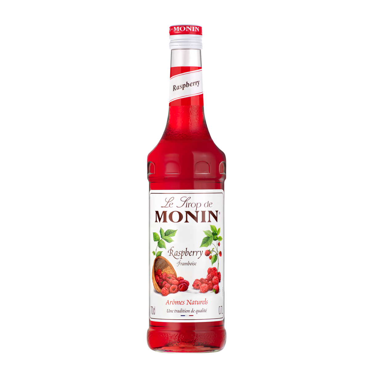 Monin Raspberry syrup bottle on a white background