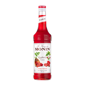 Monin Raspberry syrup bottle on a white background