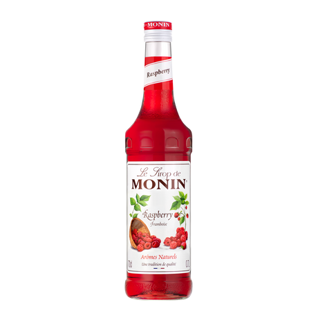 Monin Raspberry syrup bottle on a white background