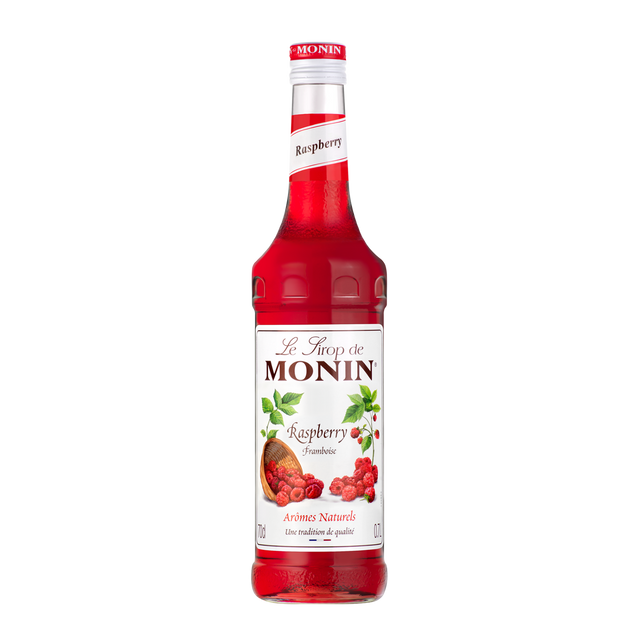Monin Raspberry syrup bottle on a white background