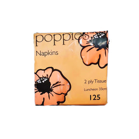 Pack of peach-colored, 2-ply paper napkins with a floral pattern, branded by Poppies, pack size 500.