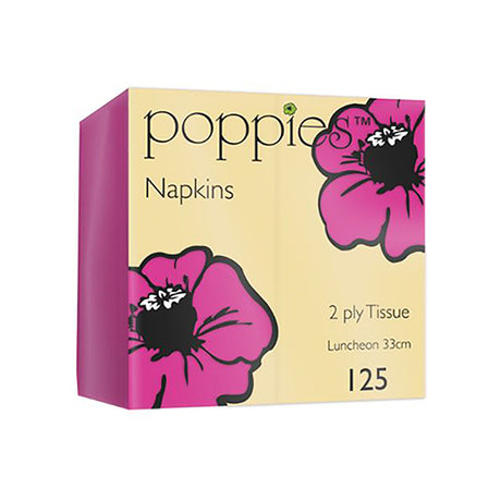 A pack of Poppies brand magenta-colored 2-ply napkins, with a floral design on the packaging.