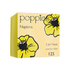 A pack of yellow 2-ply luncheon napkins with a floral pattern on the packaging.