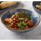 terra porcleain aqua blue bowl with rice and chicken
