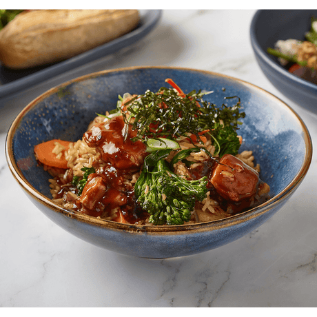 terra porcleain aqua blue bowl with rice and chicken