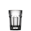Clear plastic shot glass with vertical ridges on a white background